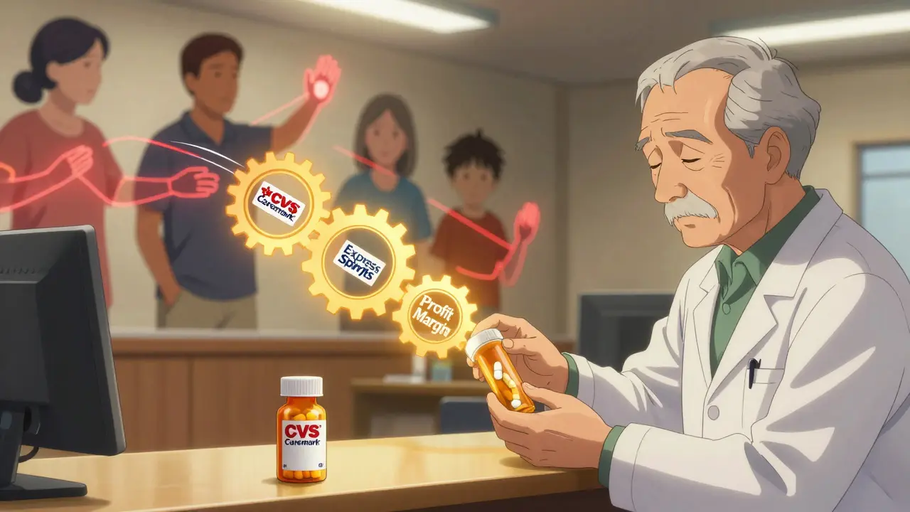 Un pharmacien remet une pilule qui se transforme en engrenages de profit, tandis que des patients en arrière-plan tendent la main.