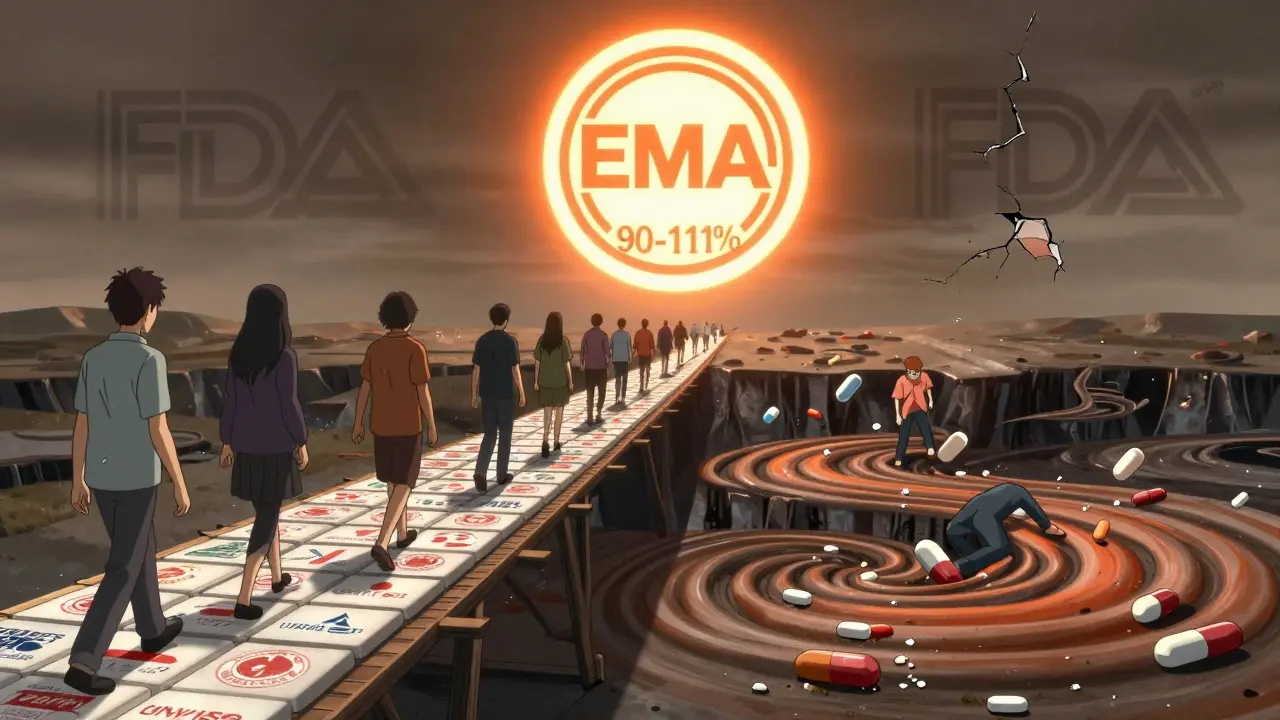 Un pont de pilules traverse un abîme de crises : d'un côté des patients en sécurité, de l'autre des pilules qui s'effondrent sous leurs pieds.