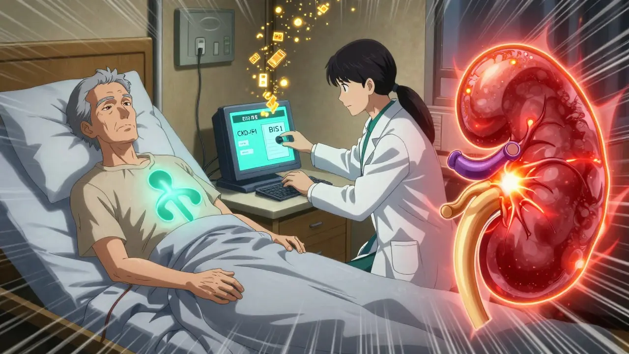 Un rein fragile à gauche, un rein sain à droite, une pharmacienne répare un système médical.