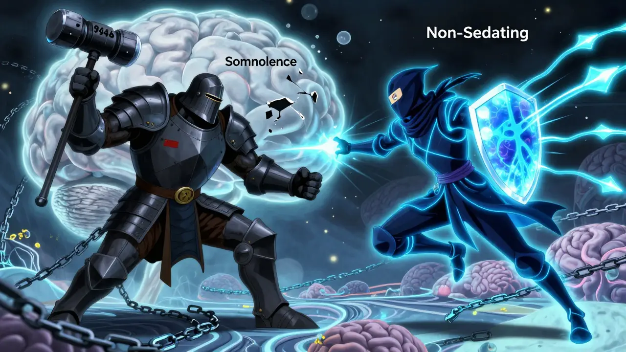 Une bataille dans le cerveau entre un chevalier somnolent et un ninja non-sédant, dans un style anime manga.