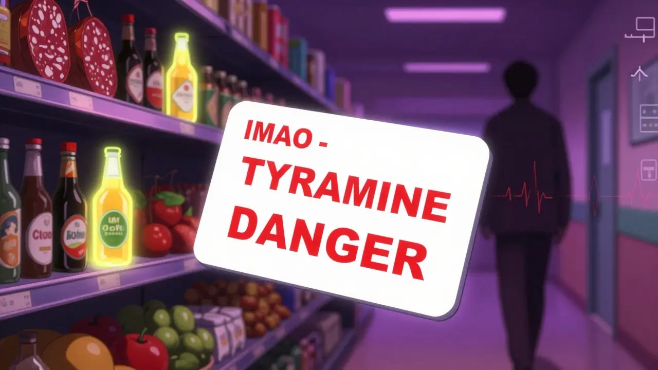 Une carte d'alerte médicale flotte au milieu d'un couloir hospitalier, entourée de produits alimentaires dangereux qui brillent de manière menaçante.