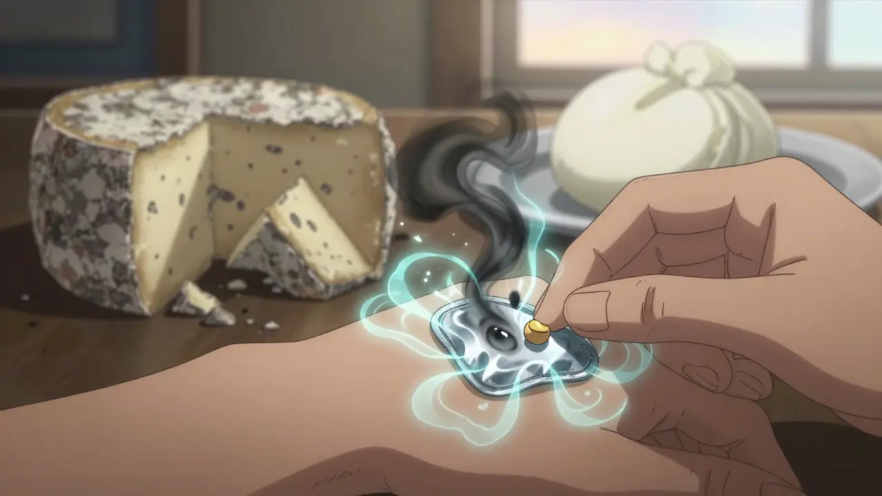 Une main applique un patch de selegiline, bloquant des particules toxiques, tandis qu'un fromage dangereux se désintègre et un fromage sûr brille doucement.