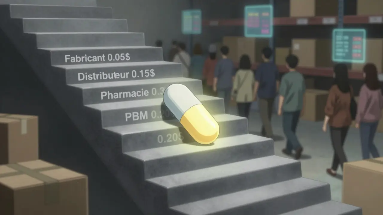 Une pilule descend un escalier de prix avec les couches de coût du fabricant au PBM.