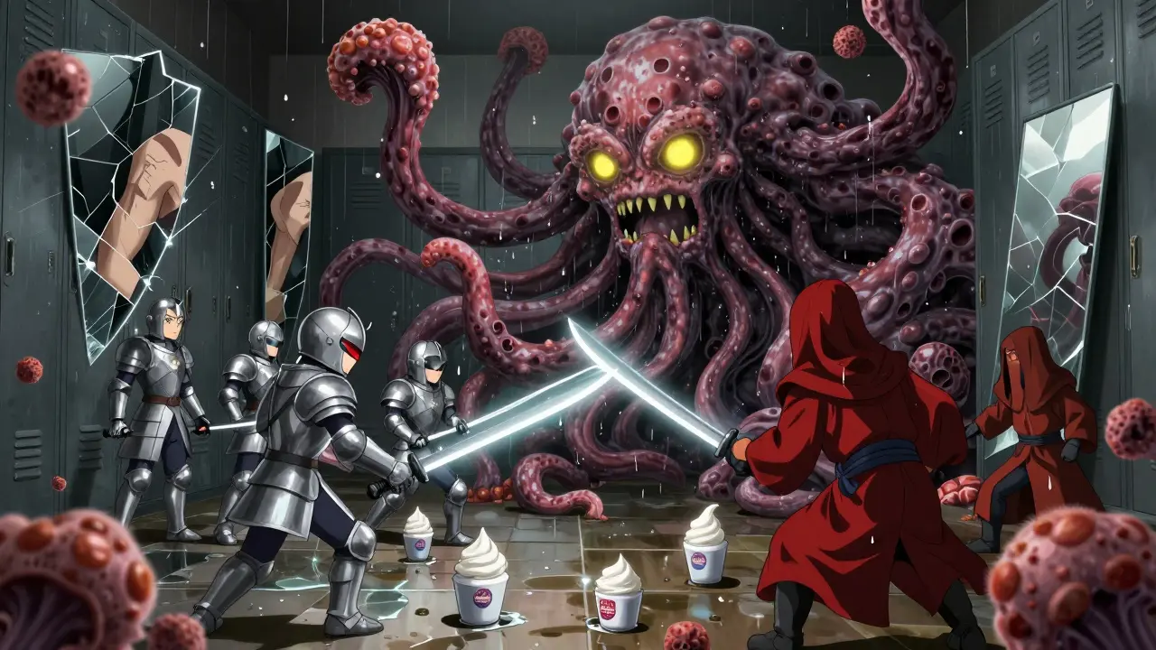 Bataille épique entre des crèmes antifongiques et un champignon monstrueux dans un vestiaire humide.