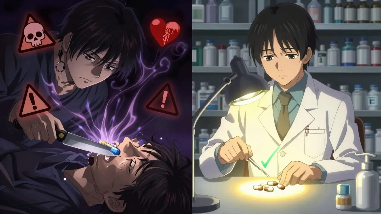 Contraste dramatique entre une mauvaise division de comprimé et une méthode sécurisée.