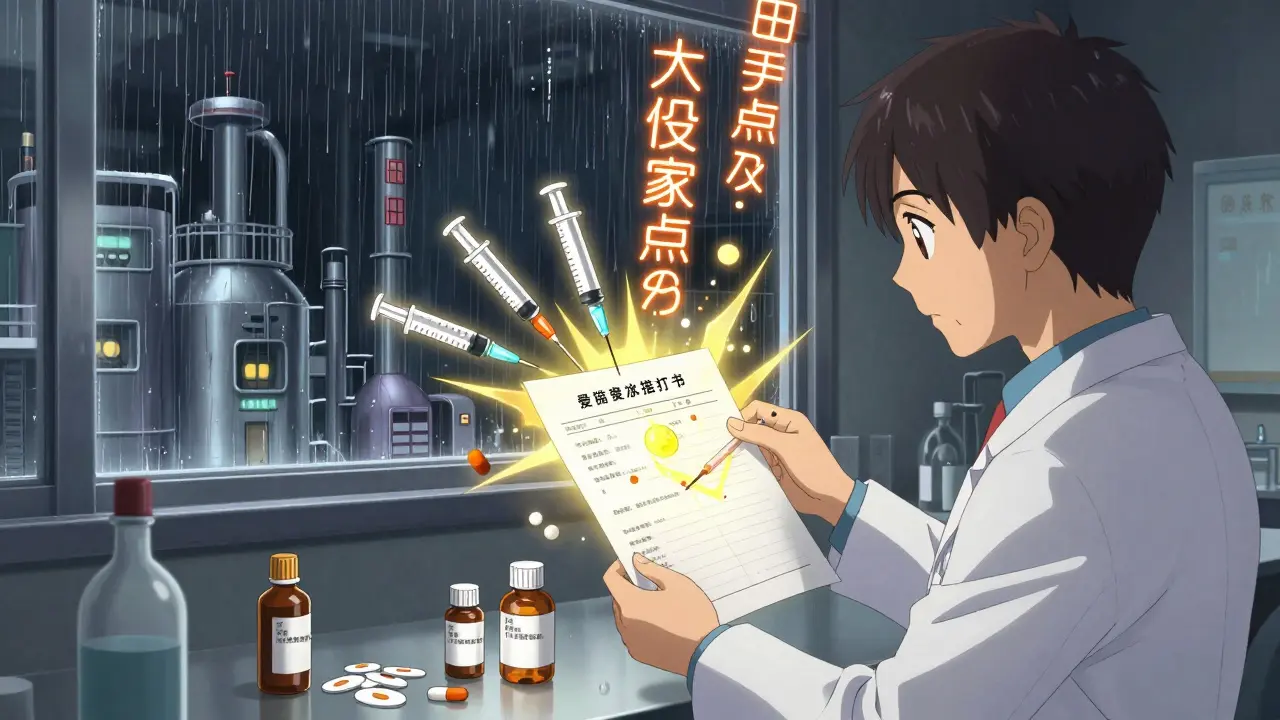 Des formes de médicaments s'illuminent en or après une étude pédiatrique, tandis que des usines génériques s'éteignent.