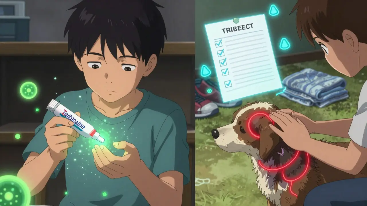 Garçon appliquant une crème antifongique tandis qu'un chien infecté est examiné par un vétérinaire.