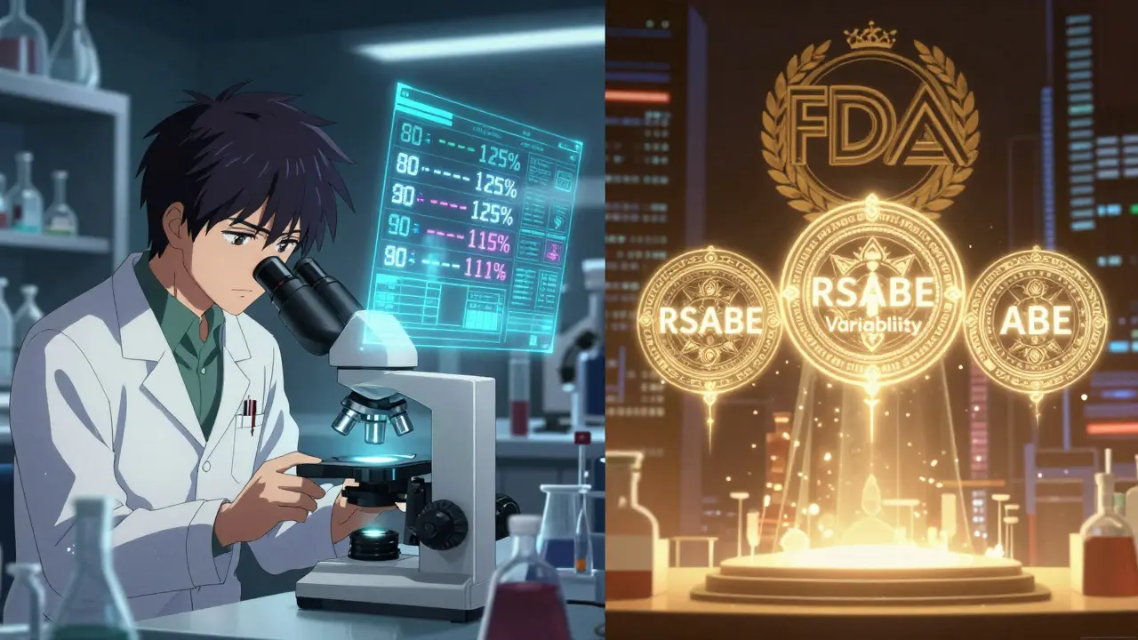 Laboratoire scientifique avec écrans affichant des plages de bioéquivalence et symboles de régulation.
