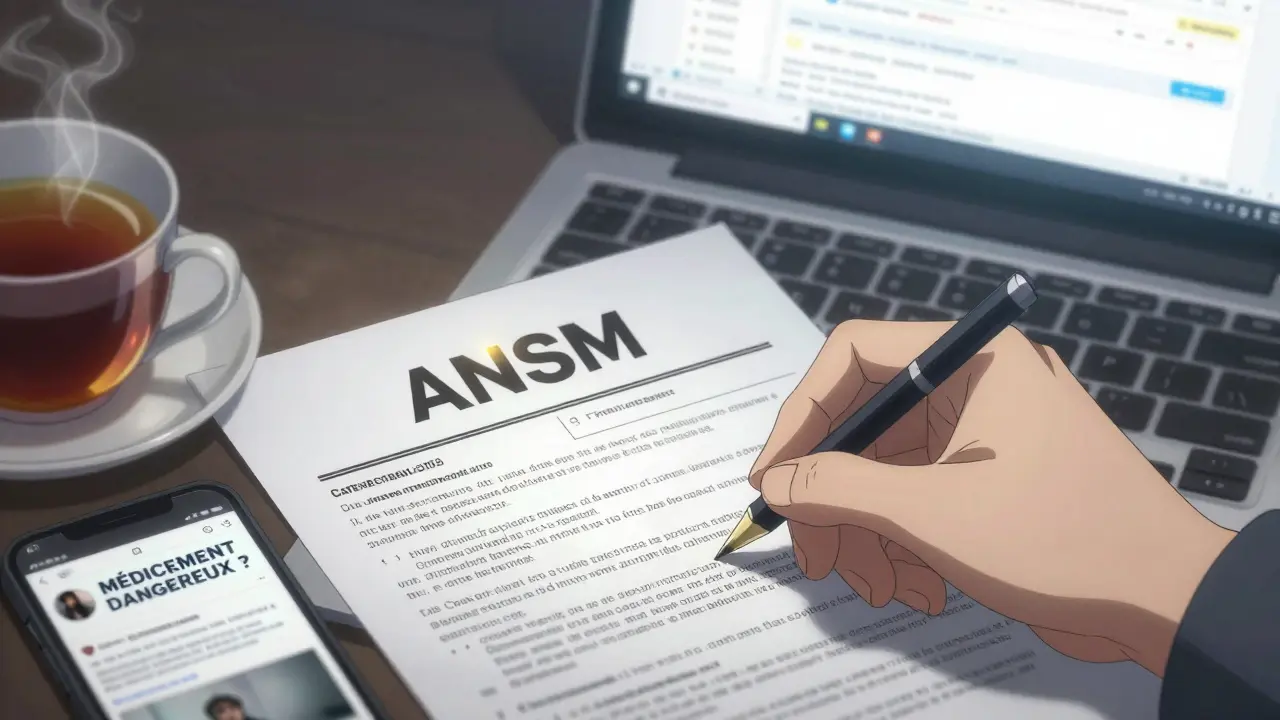 Main imprimant une alerte officielle de l'ANSM, tandis qu'un message de réseaux sociaux s'efface.