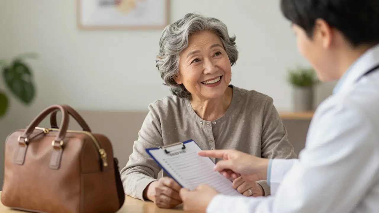 Patient souriant avec médecin après une revue médicamenteuse réussie.