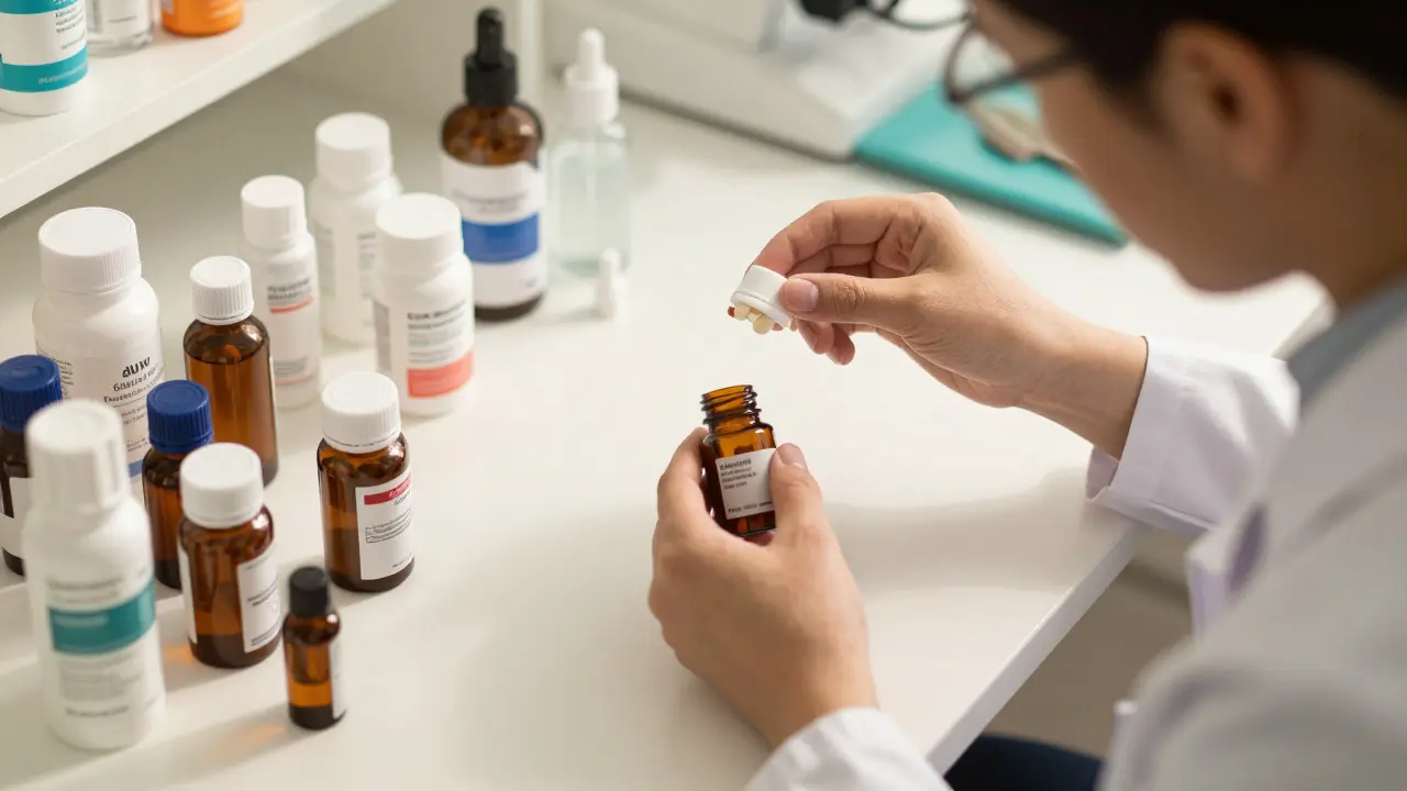 Pharmacien examinant comprimés et crèmes sur table détaillée.