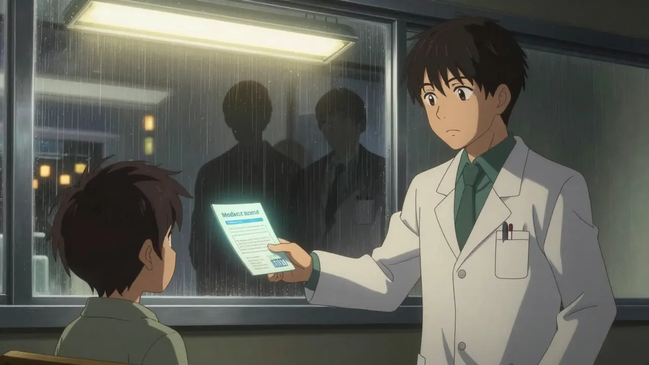 Pharmacien remet un guide médicamenteux à un patient dans une pharmacie aux lumières clignotantes.