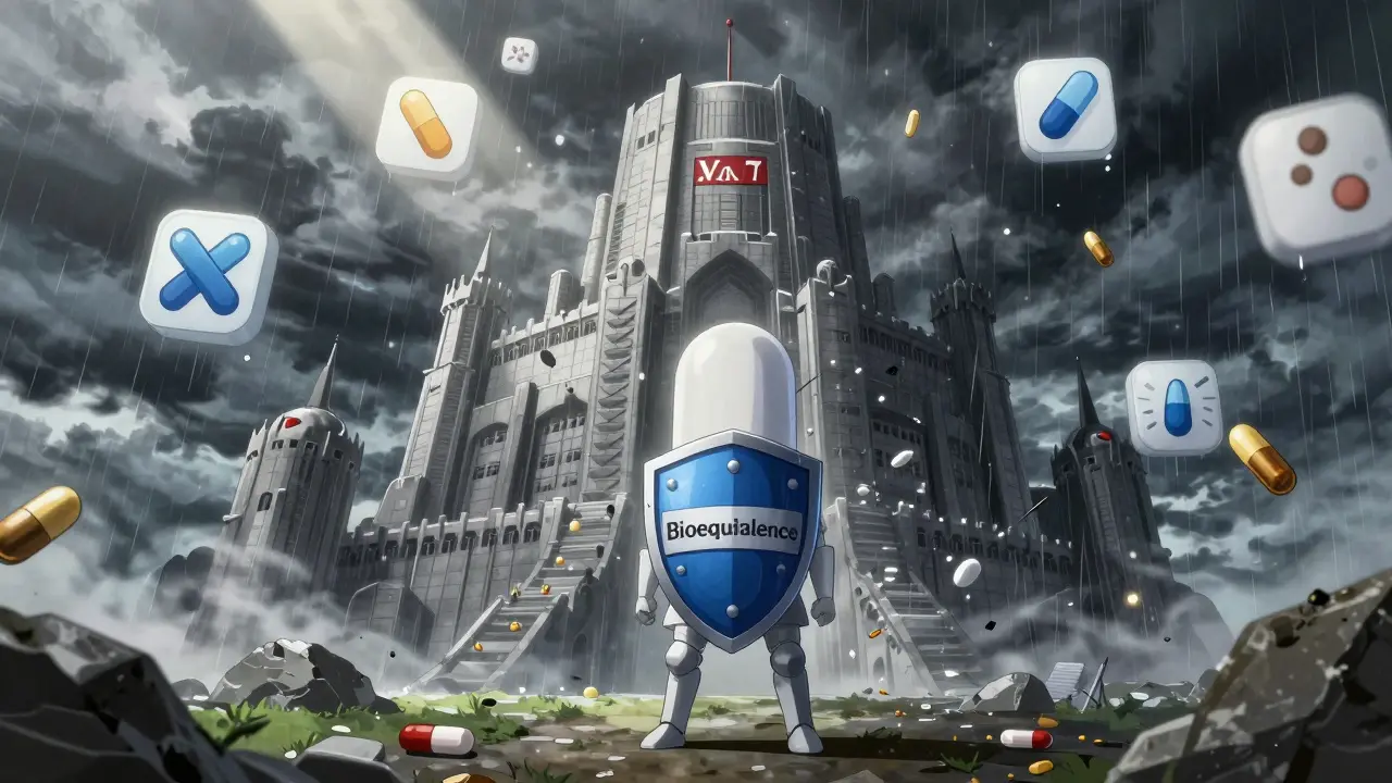 Pilule générique en combat contre un château de médicament original, entourée de données et de symboles médicaux.