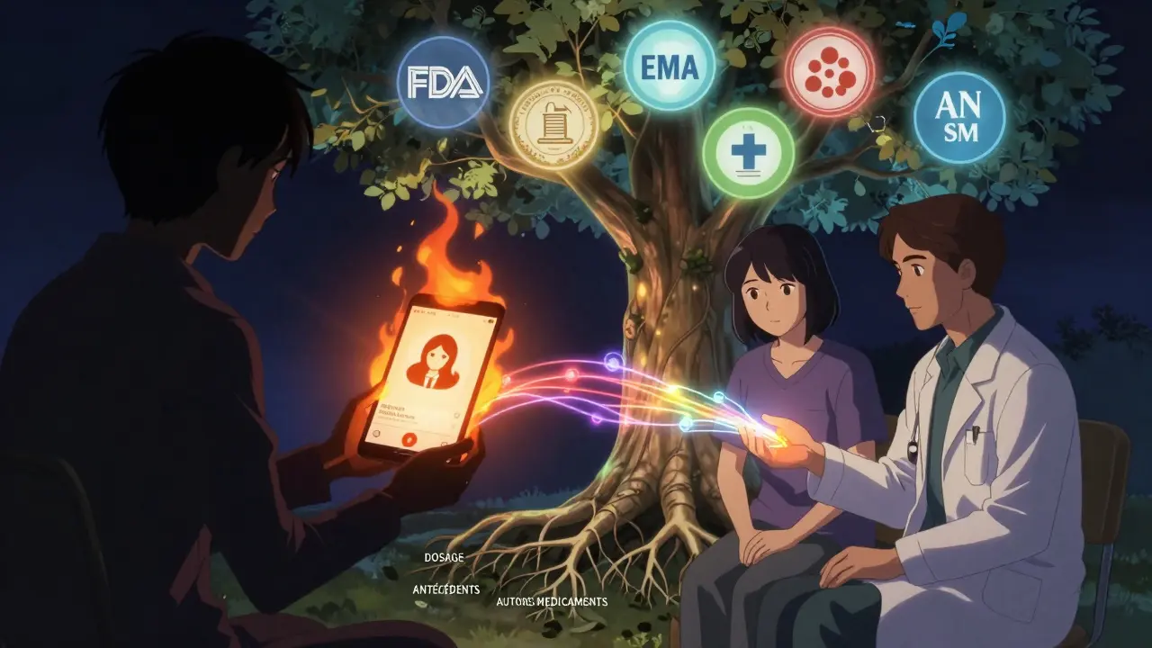 Scène symbolique : patient et médecin connectés à une arborescence de données médicales fiables.