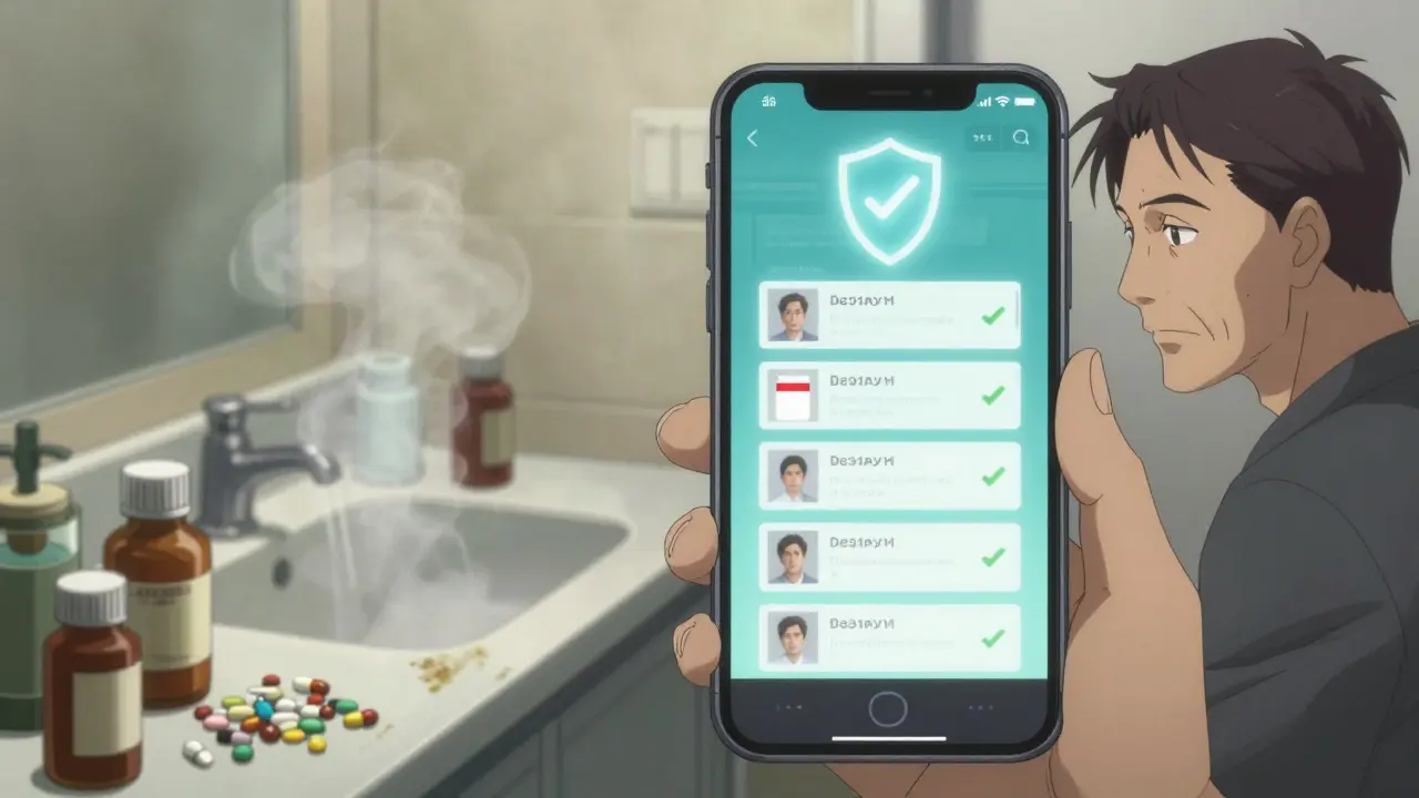 Téléphone affichant des documents médicaux numérisés sécurisés à côté de bouteilles jetées.