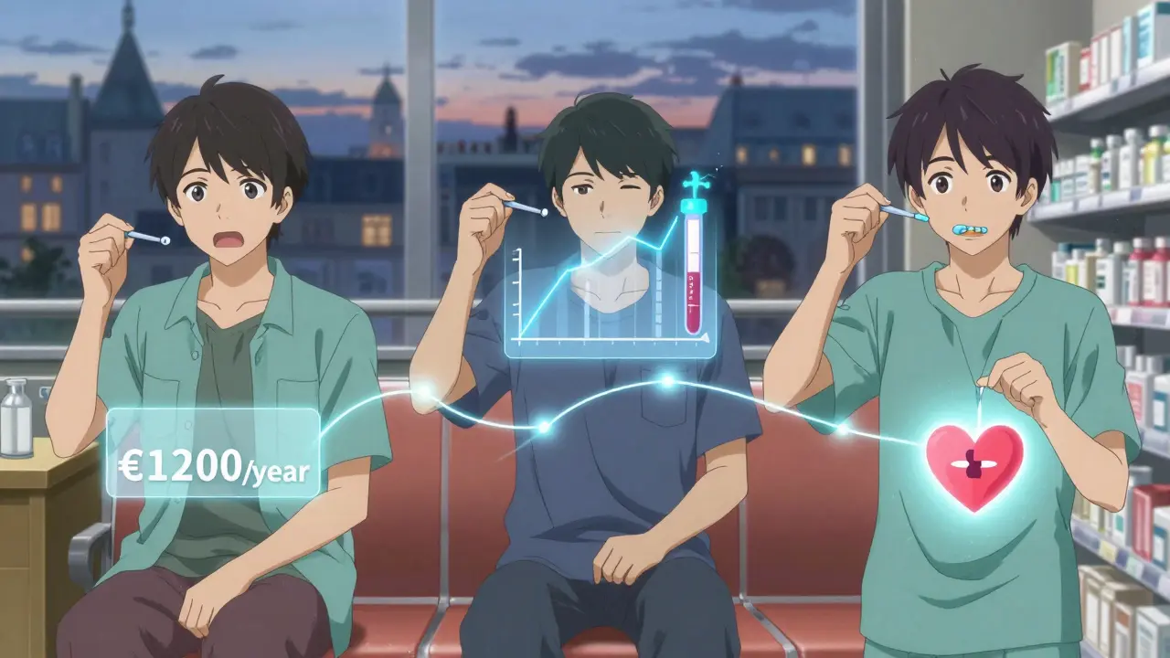 Trois patients utilisent un pilulier, avec des indicateurs de sécurité et d'économie flottants.