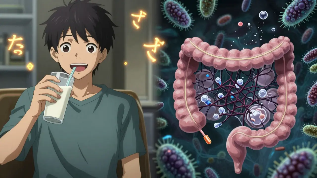 Un antibiotique se transforme en cristaux de calcium dans l’intestin, tandis que des bactéries se multiplient dans l’ombre.