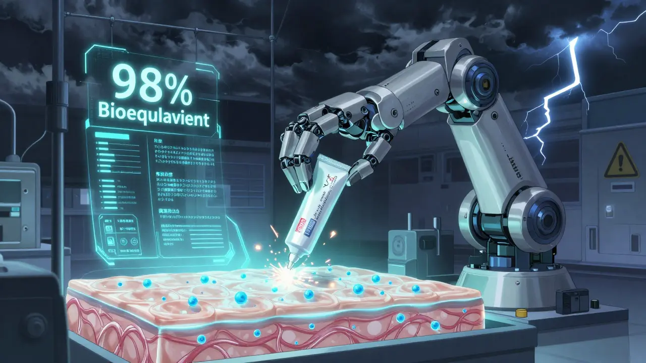 Un bras robotique teste une crème topique sur une peau holographique, avec des particules qui pénètrent uniformément et des affichages de bioéquivalence en lumière.