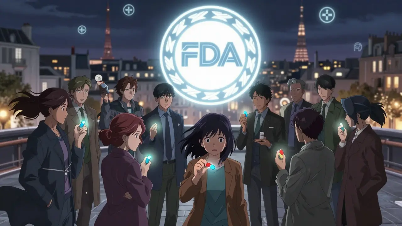 Un groupe de patients tient des comprimés génériques, entourés par les sceaux de régulation sanitaire dans un décor parisien.