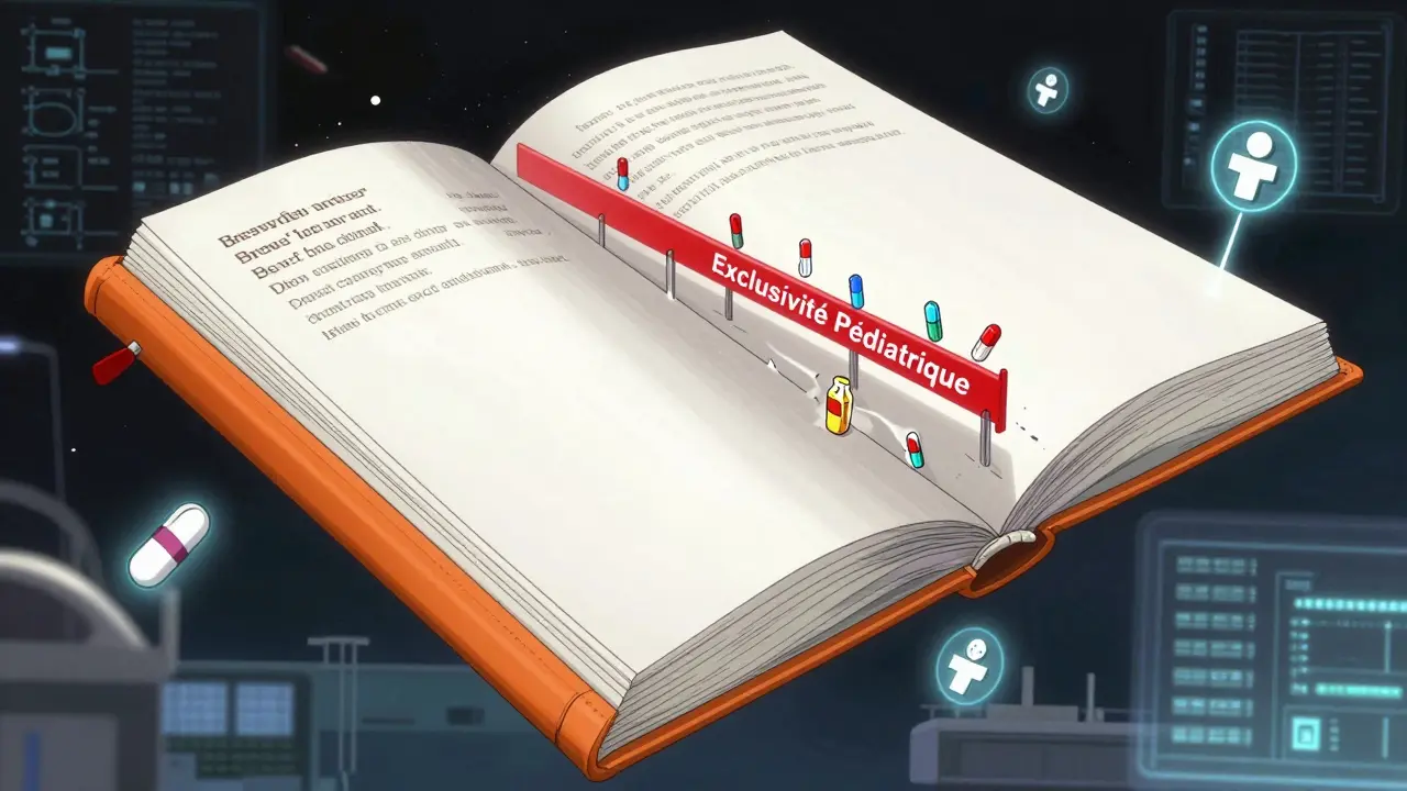 Un livre numérique affiche deux dates, une barrée par un bouclier rouge marqué 'Exclusivité Pédiatrique'.