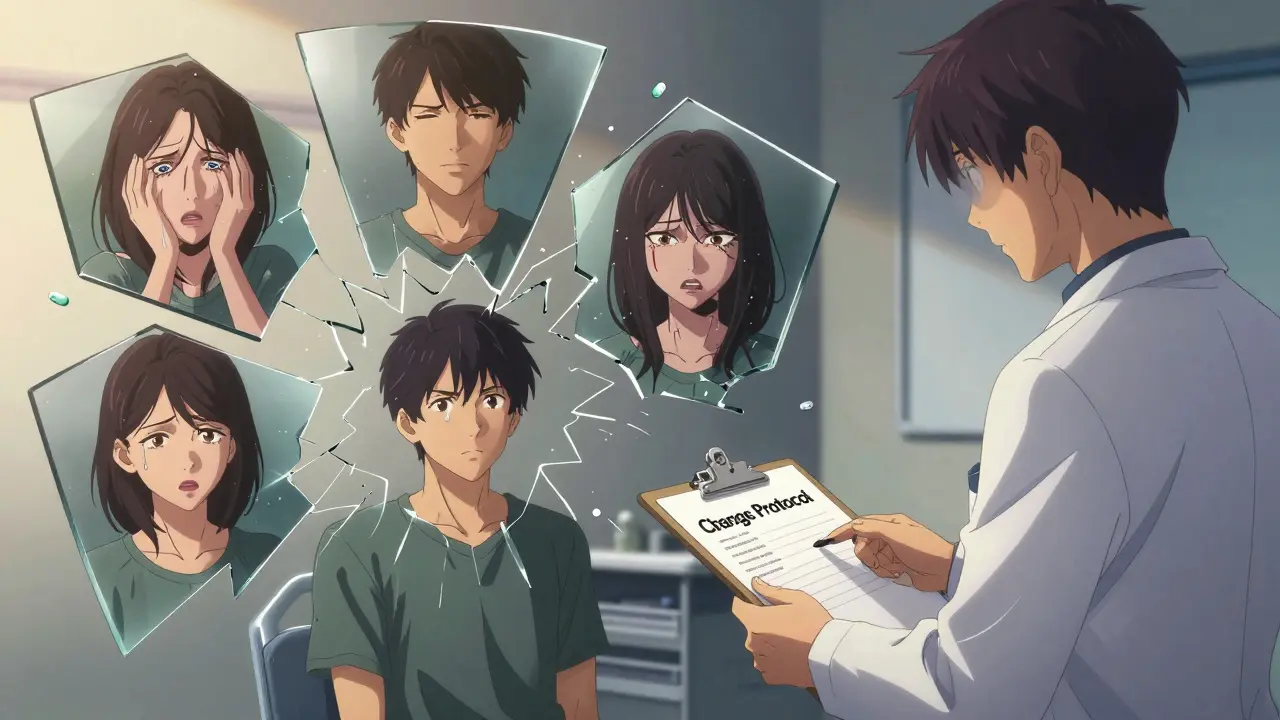 Un patient dans une consultation médicale, entouré de miroirs brisés reflétant différentes émotions, tandis qu'un médecin flou lui tend un papier.