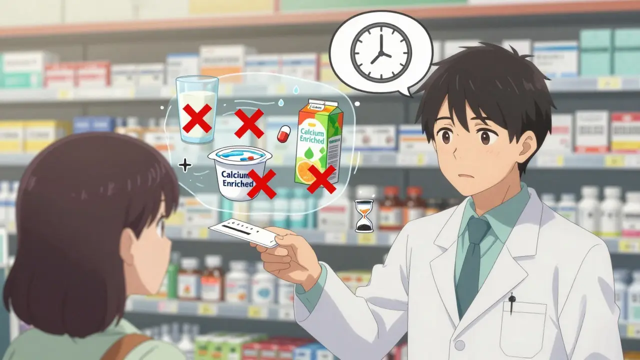 Un pharmacien explique à un patient les interactions entre antibiotiques et produits laitiers, des symboles flottants indiquant les pièges alimentaires.