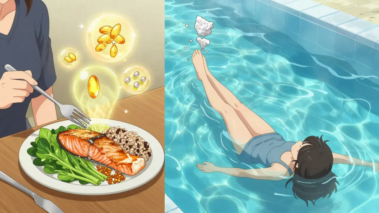 Un repas sain à gauche, un exercice aquatique à droite, avec des symboles d'oméga-3 et de sucre écrasé dans un style anime vibrante.