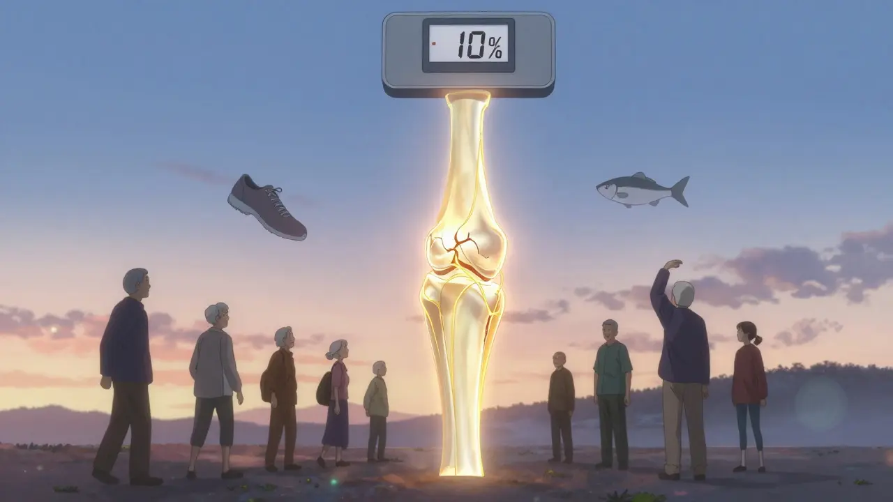 Une articulation de la hanche en voie de guérison, entourée de muscles lumineux, avec des symboles de poids perdu et d'activités douces sous un ciel de aube.