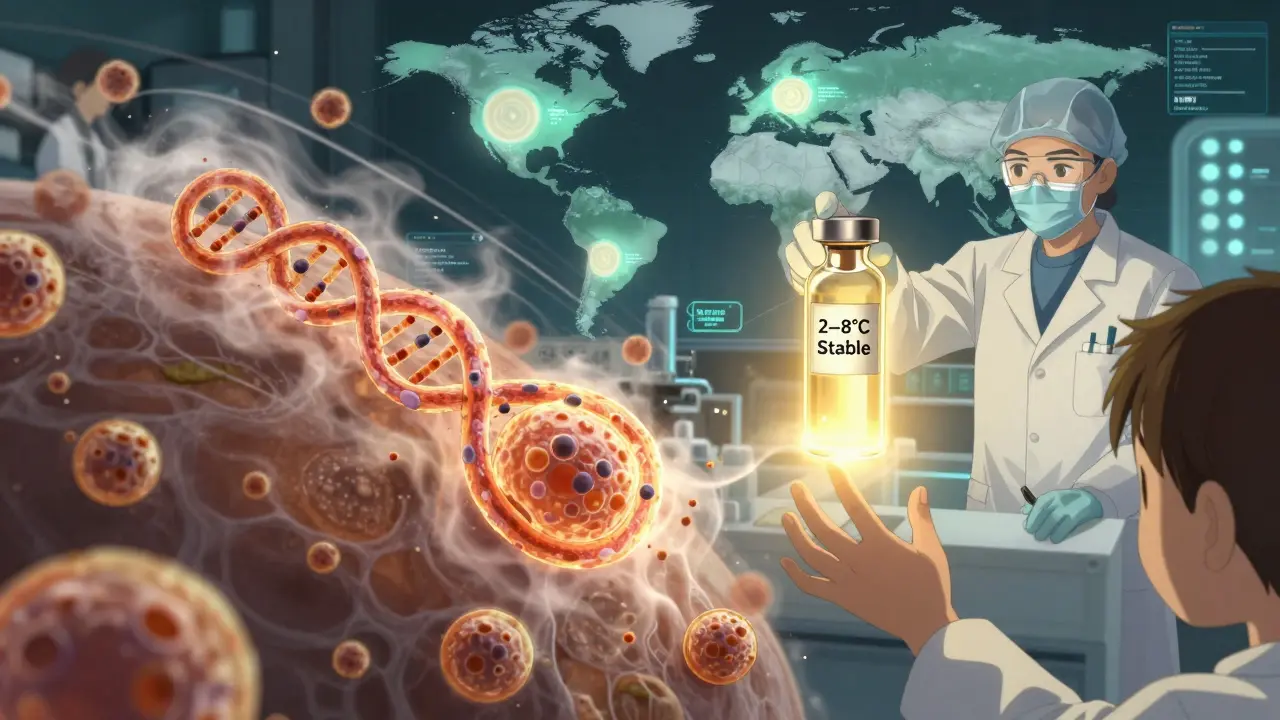 Une molécule d'ARNm se dégrade dans une cellule, tandis que des scientifiques testent de nouvelles formulations plus sûres.
