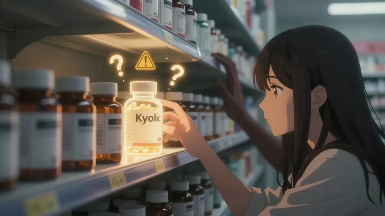 Étagère de suppléments d'ail avec une bouteille Kyolic qui brille, symbolisant la sécurité parmi des produits dangereux.