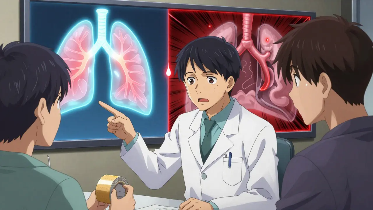 Médecin expliquant la respiration nasale à un patient hésitant, avec diagrammes lumineux et symboles d'avertissement.