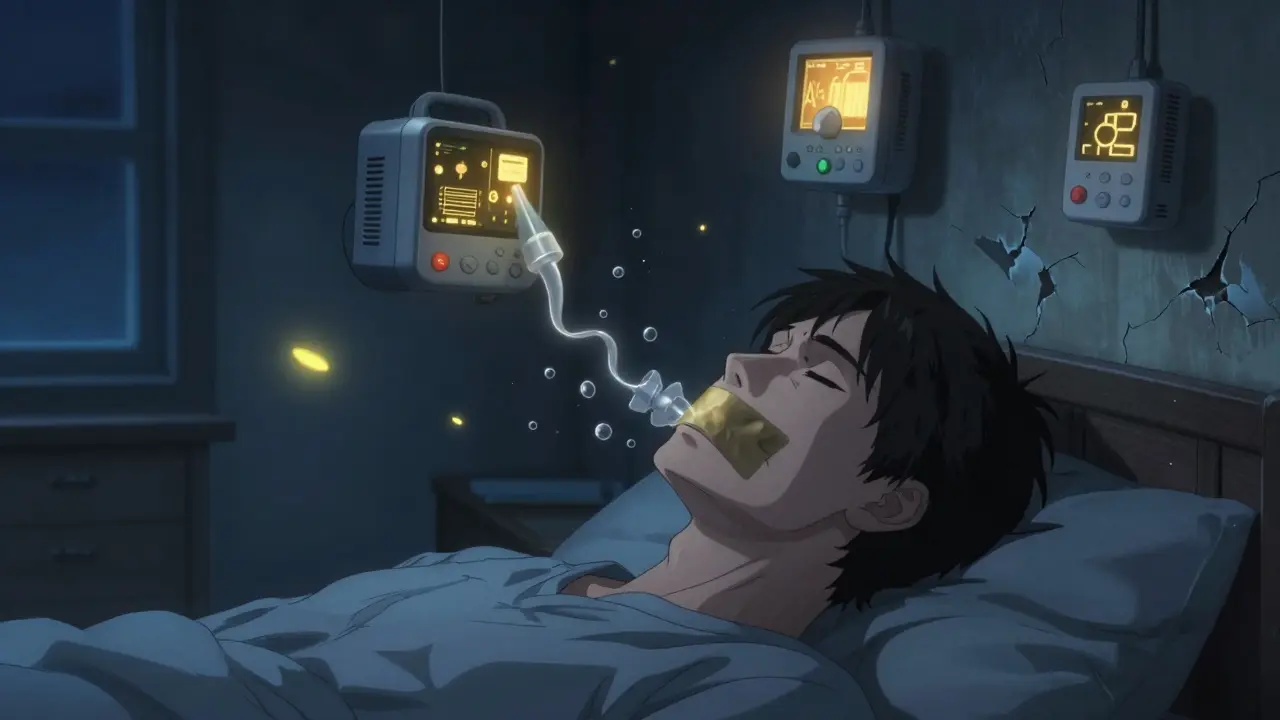 Personne avec la bouche scellée, des forces invisibles l'étouffent, des appareils médicaux brillants flottent autour d'elle.