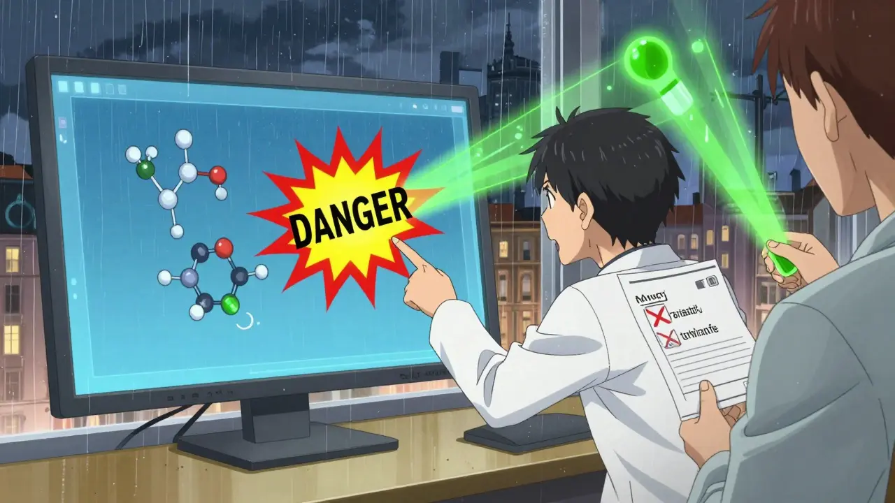 Pharmacien alertant un patient sur une interaction dangereuse entre statine et antifongique, avec des alternatives en lumière verte.