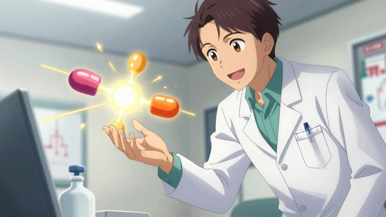 Pharmacien expliquant l'équivalence des molécules avec des effets visuels abstraits