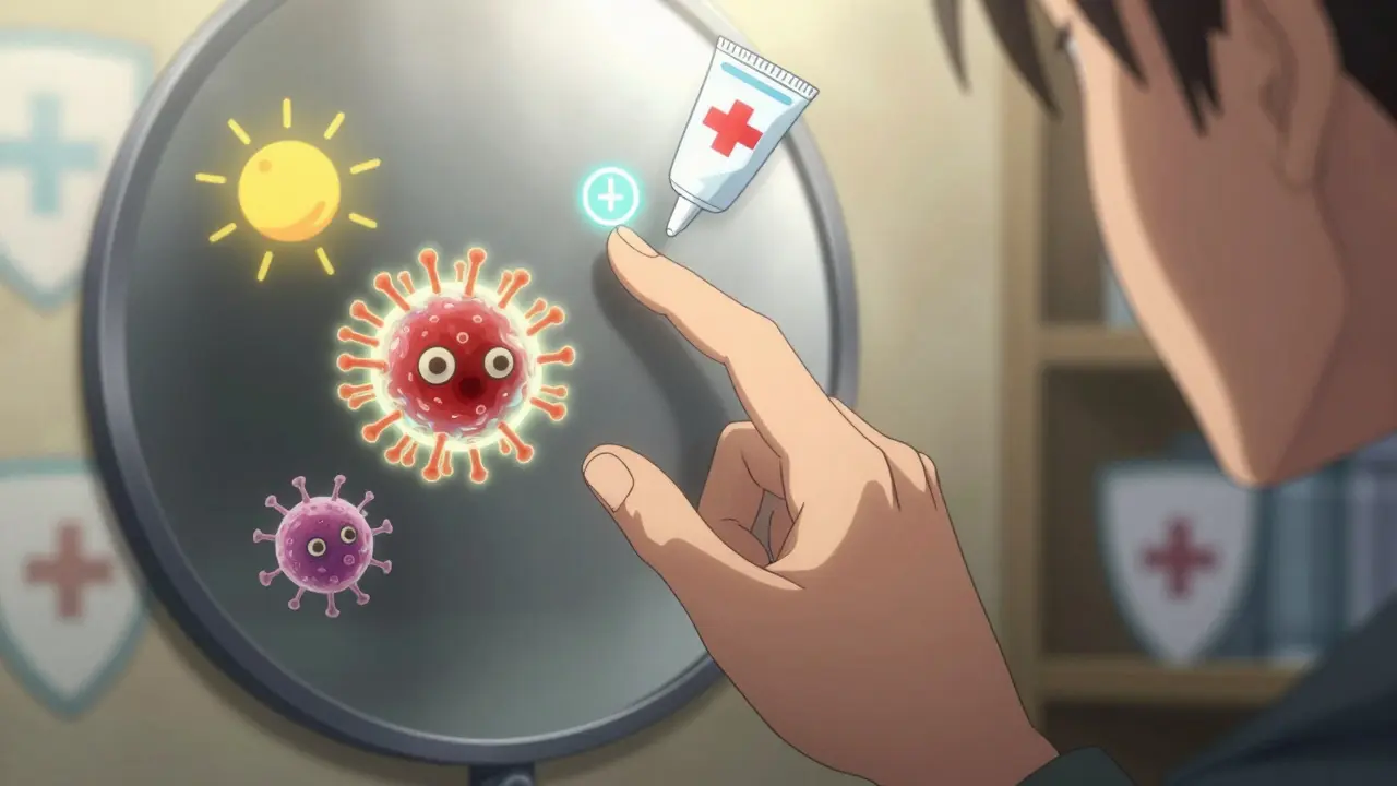 Reflet dans un miroir montrant virus et bactérie avec symboles de déclencheurs et protections.