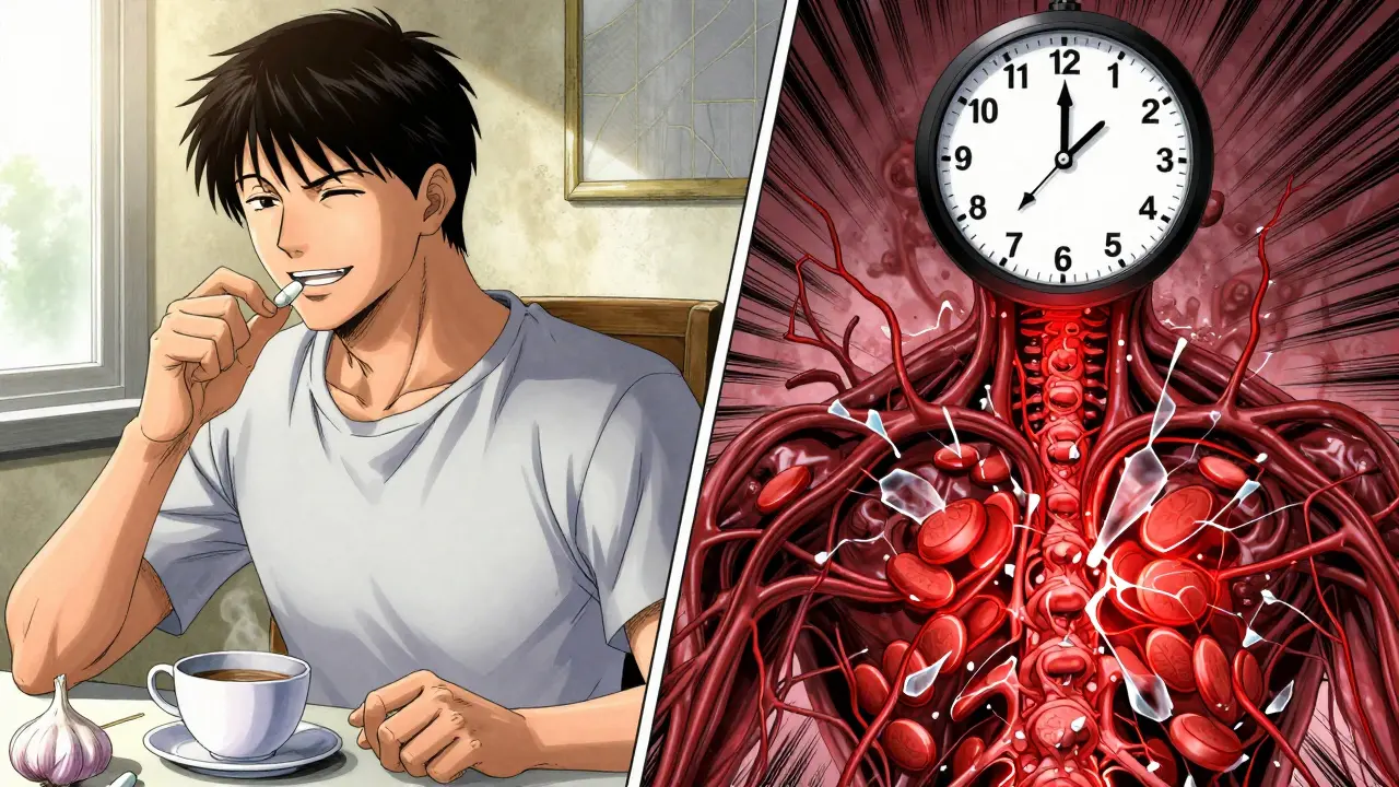 Schéma interne du corps montrant la destruction des plaquettes et une hémorragie spinale due à un supplément d'ail.