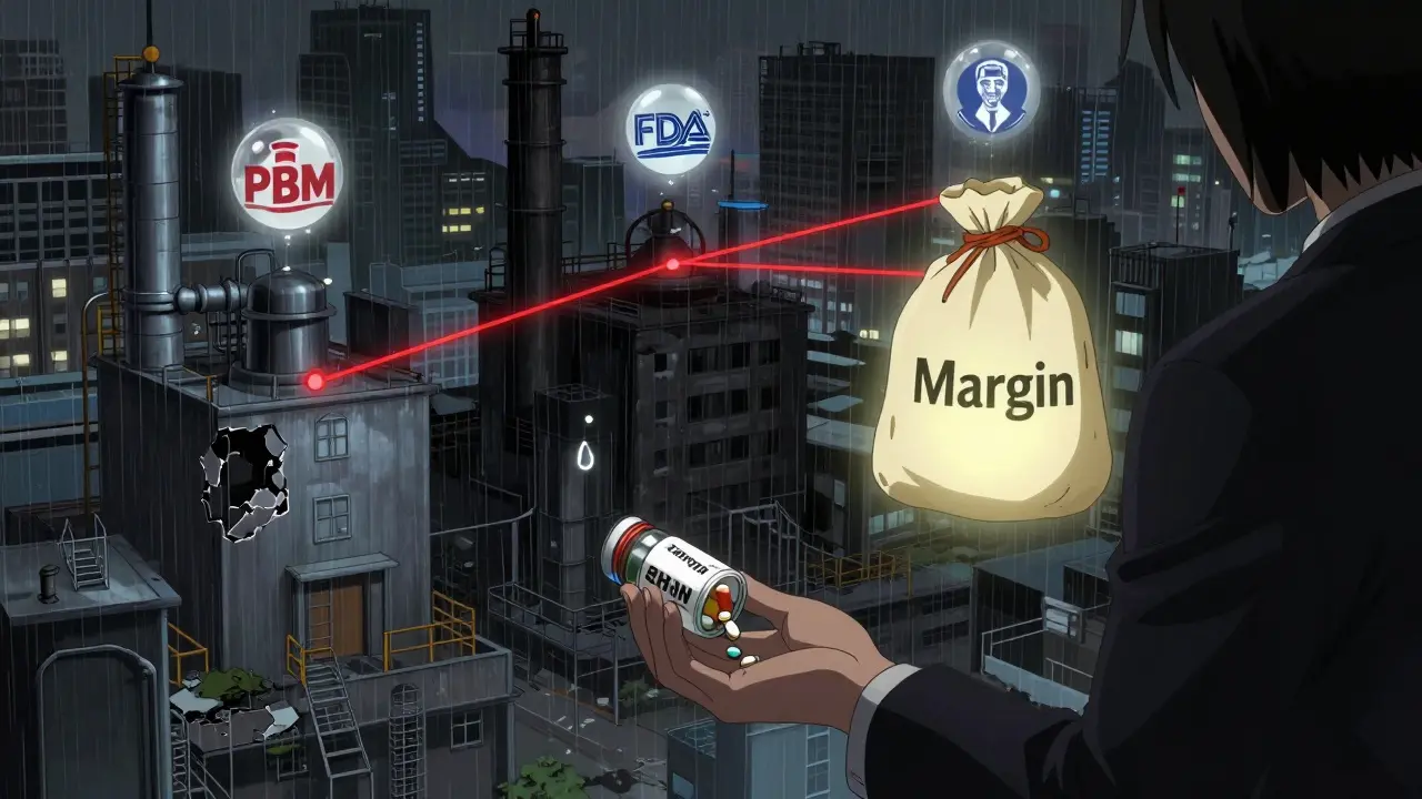 Trois usines de médicaments, une active, deux abandonnées, un patient tend la main vers une bouteille vide.