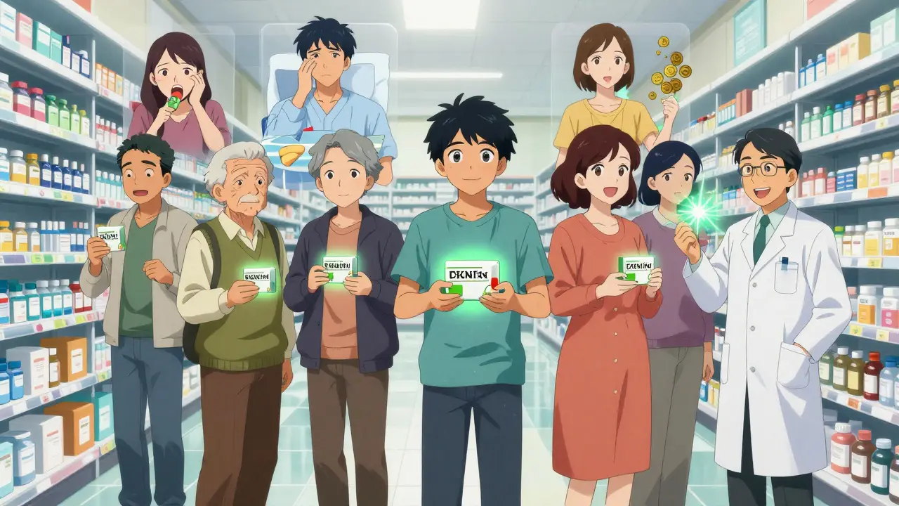 Un groupe de patients dans une pharmacie, tenant des médicaments génériques, entourés d'ombres de leurs anciens défis.