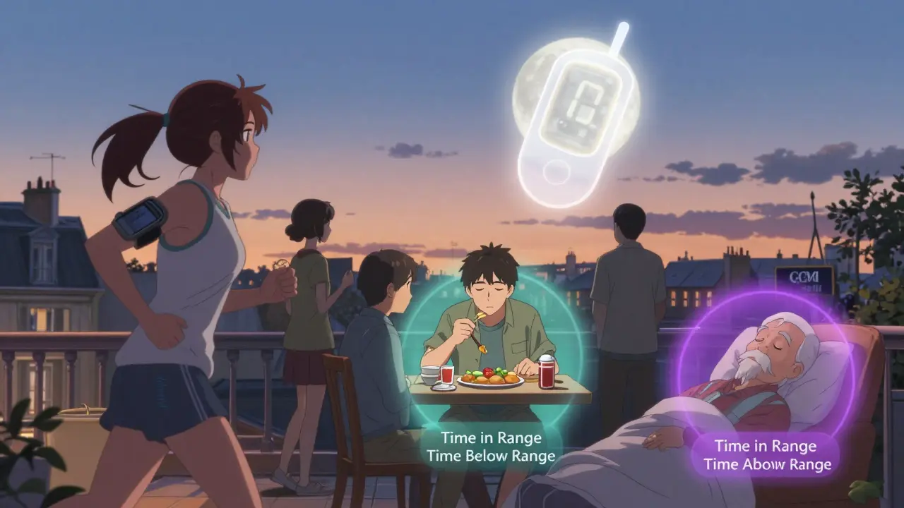 Un groupe de personnes dans des situations quotidiennes avec des halos colorés représentant leur contrôle glycémique, sous un ciel crépusculaire.