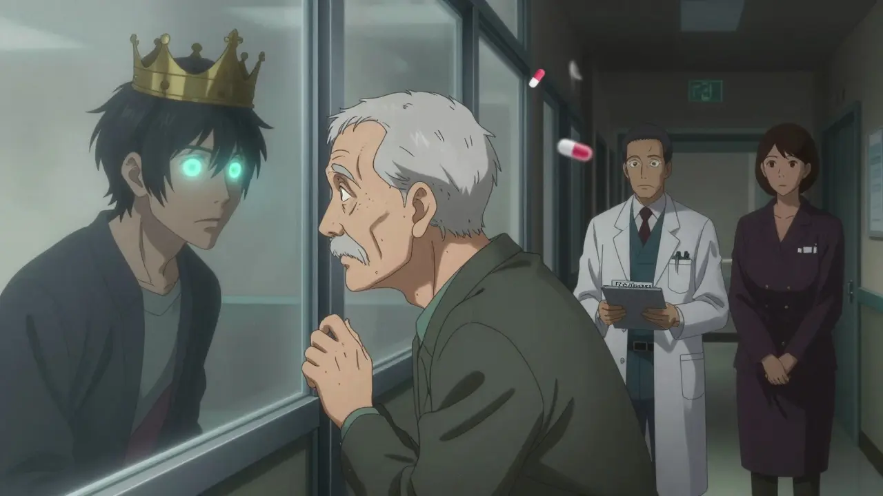 Un homme âgé voit son reflet comme un étranger couronné, un médecin tient une ordonnance de prednisone dans un couloir d'hôpital.