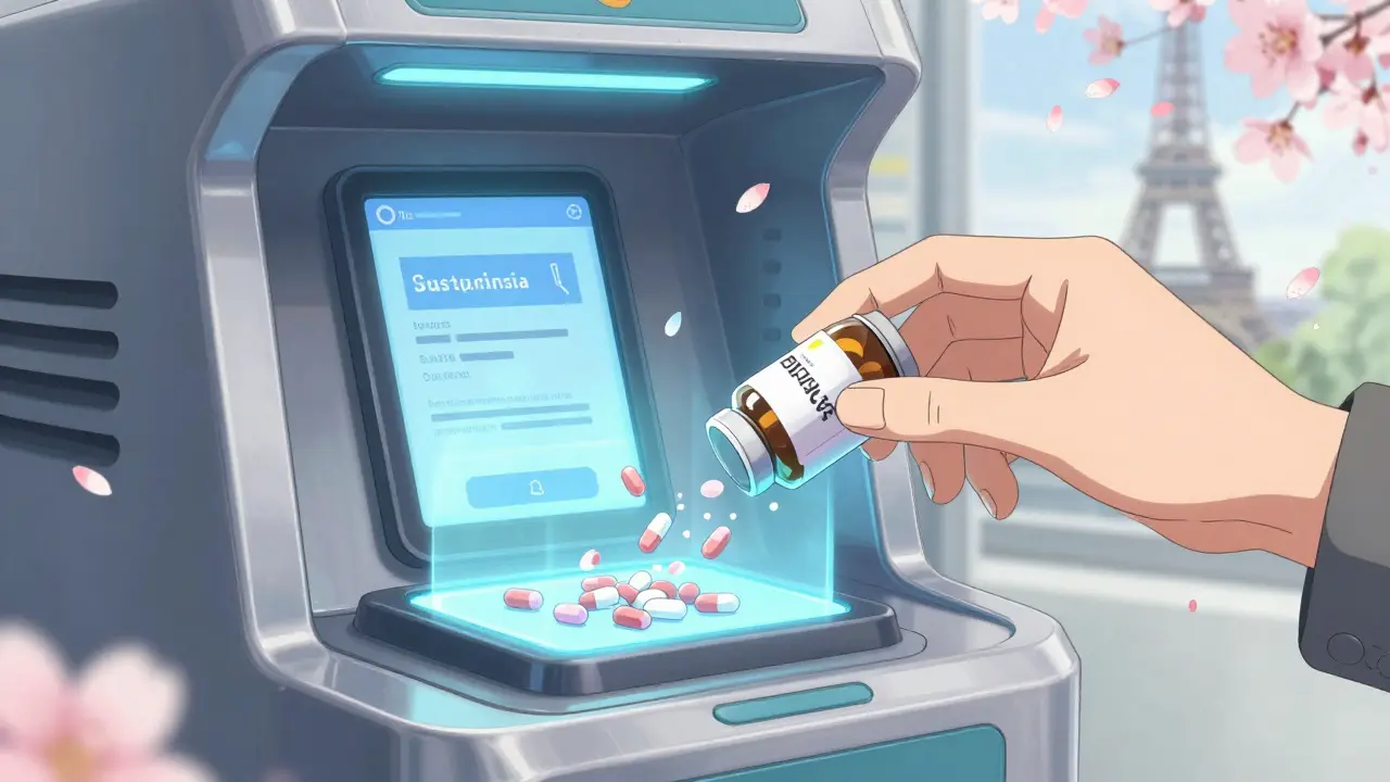 Un kiosque intelligent dans une pharmacie efface numériquement les données d'un flacon de médicament.