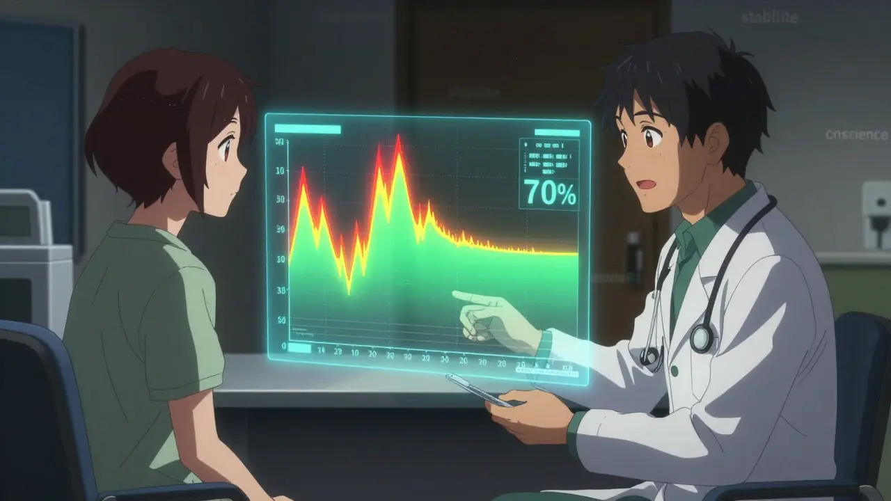 Un médecin et un patient analysant ensemble une visualisation holographique des données de glycémie sur 14 jours.