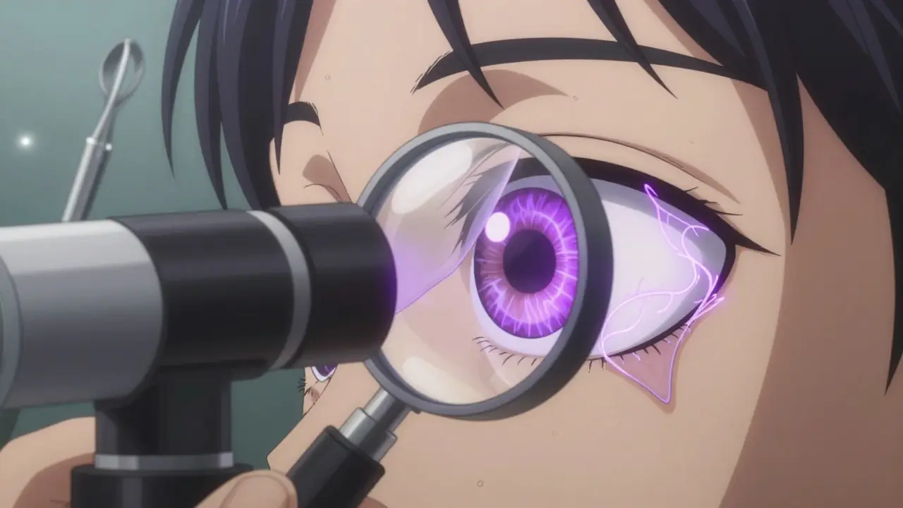 Un ophtalmologiste examine un œil avec une lampe à fente, révélant une croissance triangulaire sur la cornée.