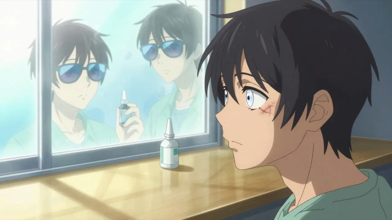 Un patient guéri regarde dans un miroir, ses lunettes UV aux oreilles, une cicatrice fine comme une plume sur l’œil.