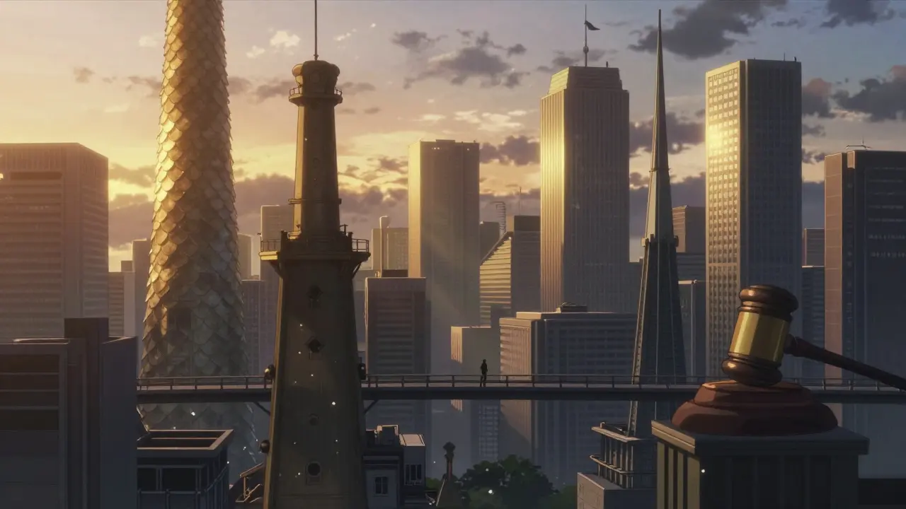 Un paysage urbain futuriste symbolisant les régulations et l'avenir des soins de santé.