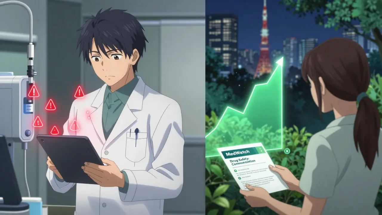 Un pharmacien lit une alerte d'urgence sur une tablette, un dispositif médical défectueux brille en rouge.