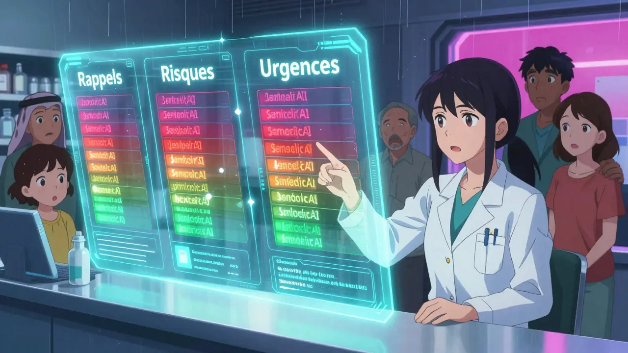 Un tableau de bord holographique FDA fusionne trois types d'alertes, une femme et une famille regardent avec soulagement.