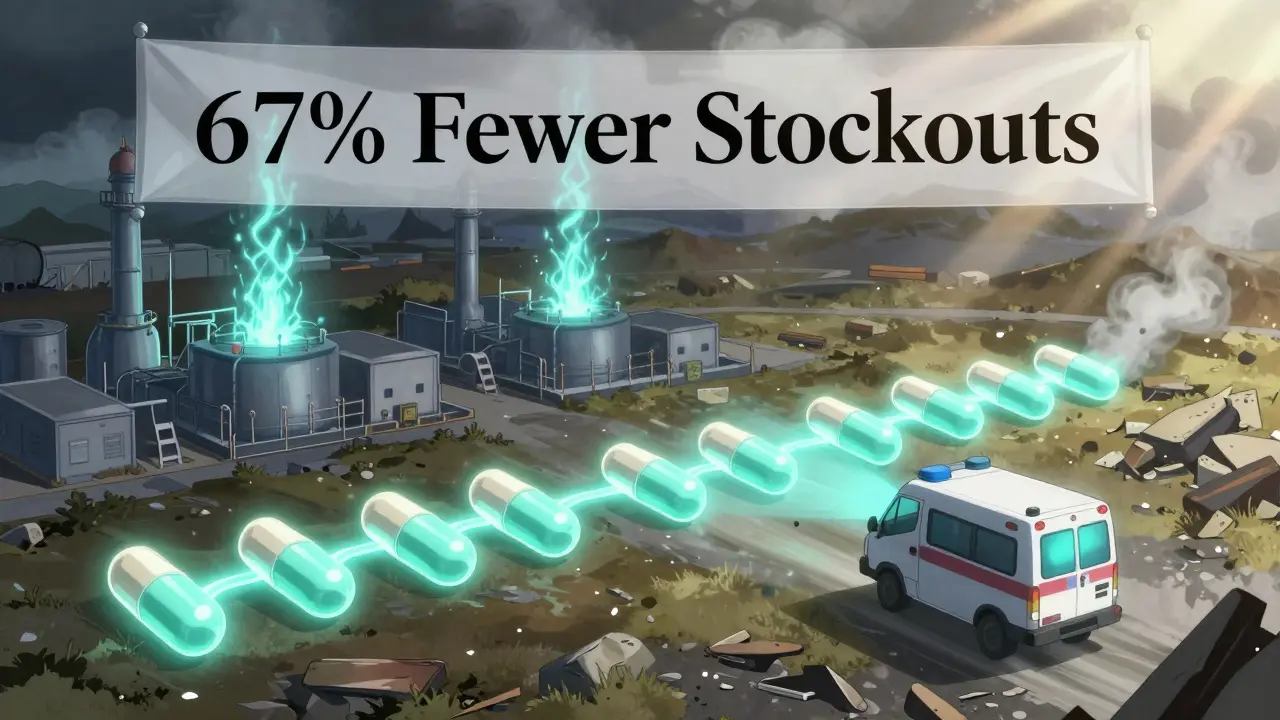 Une chaîne de comprimés lumineux relie trois usines, une ambulance traverse le paysage, symbole de résilience face aux ruptures de stock.