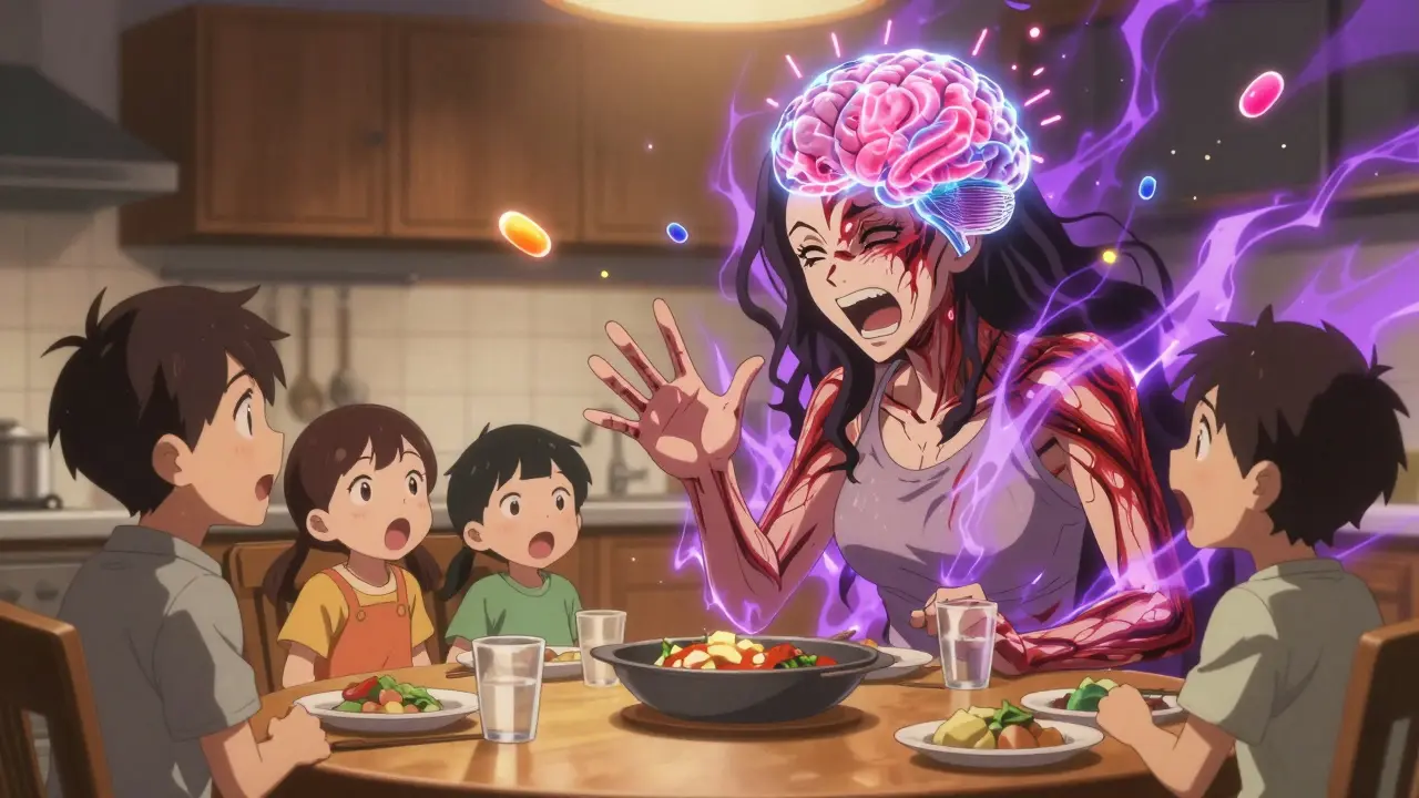 Une femme au dîner, son visage divisé entre calme et manie, sa famille recule tandis que des molécules de corticoïdes flottent autour d'elle.