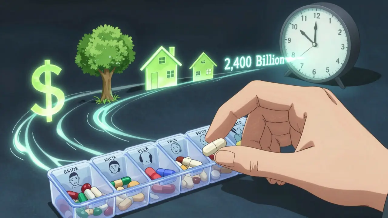 Une main mettant un médicament générique dans un organisateur quotidien, entouré de symboles d'économies et d'espoir.